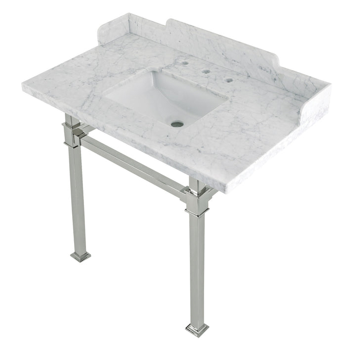 Kingston Sona LMS36MSQ6 - Viceroy 36-Inch Carrara Marble Console Sink with Stainless Steel Legs (8-Inch, 3-Hole), Carrara Marble White/Polished Nickel