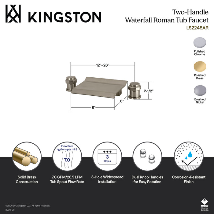 Kingston Tulare LS2241AR - Milano Two-Handle 3-Hole Deck Mount Waterfall Roman Tub Faucet, Polished Chrome