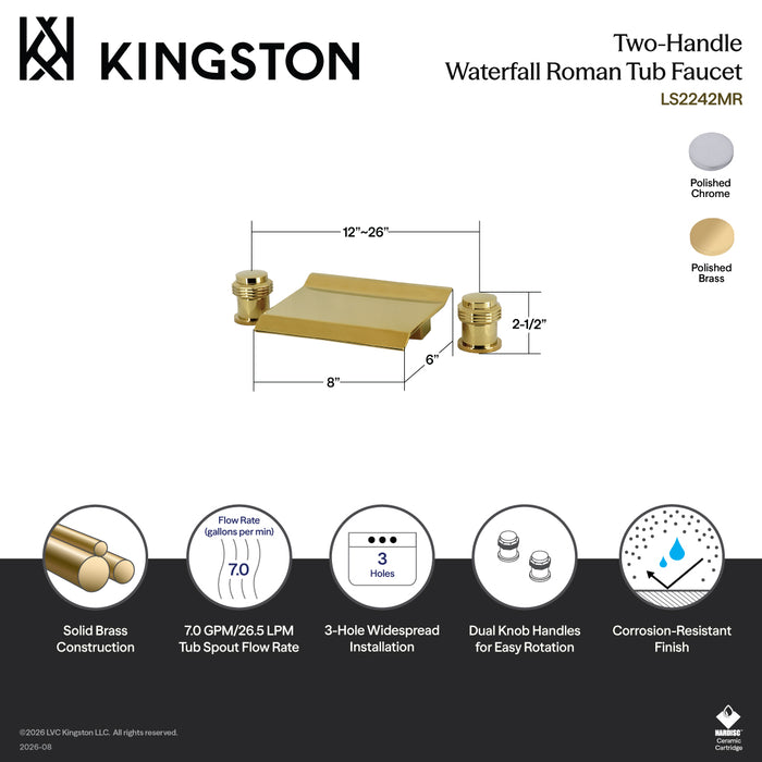 Kingston Tulare LS2242MR - Milano Two-Handle 3-Hole Deck Mount Waterfall Roman Tub Faucet, Polished Brass