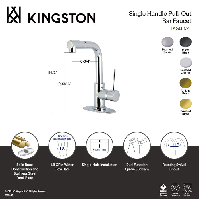 Kingston Sona LS2411NYL - New York Single-Handle 1-Hole Deck Mount Pull-Out Sprayer Bar Faucet, Polished Chrome
