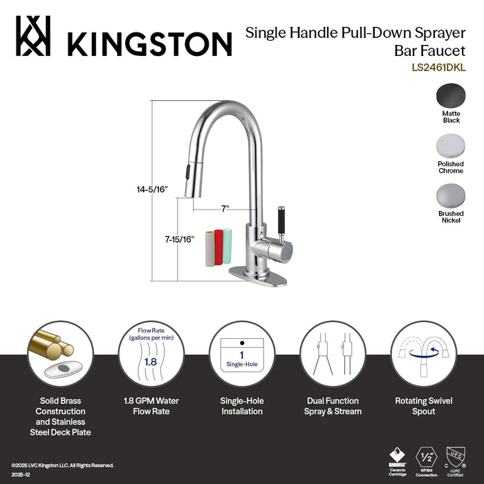 Kingston Sona LS2460DKL - Kaiser One-Handle 1-Hole Deck Mount Bar Faucet with Pull Down Sprayer, Matte Black