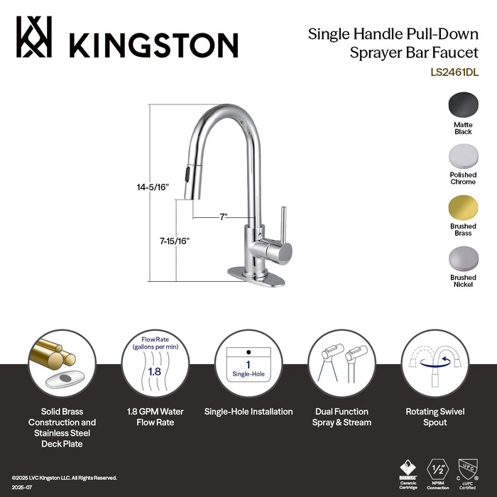 Kingston Sona LS2463DL - Concord One-Handle 1-Hole Deck Mount Bar Faucet with Pull Down Sprayer, Brushed Brass