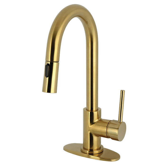 Kingston Sona LS2463DL - Concord One-Handle 1-Hole Deck Mount Bar Faucet with Pull Down Sprayer, Brushed Brass