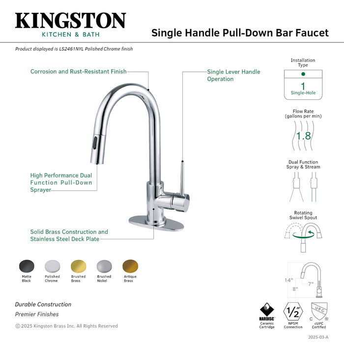 Kingston Sona LS246NYLAB - New York One-Handle 1-Hole Deck Mount Bar Faucet with Pull Down Sprayer, Antique Brass