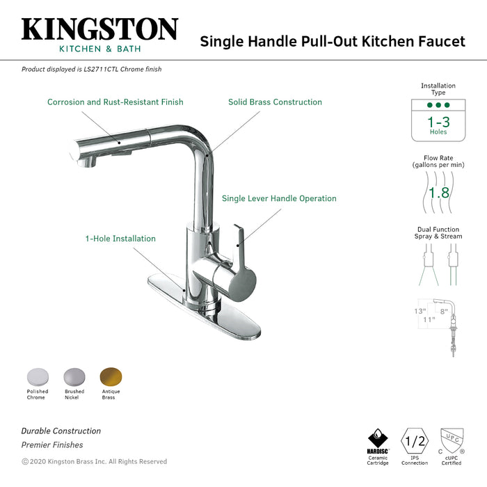 Kingston Sona LS2711CTL - Continental Single-Handle 1-Hole Deck Mount Pull-Out Sprayer Kitchen Faucet, Polished Chrome