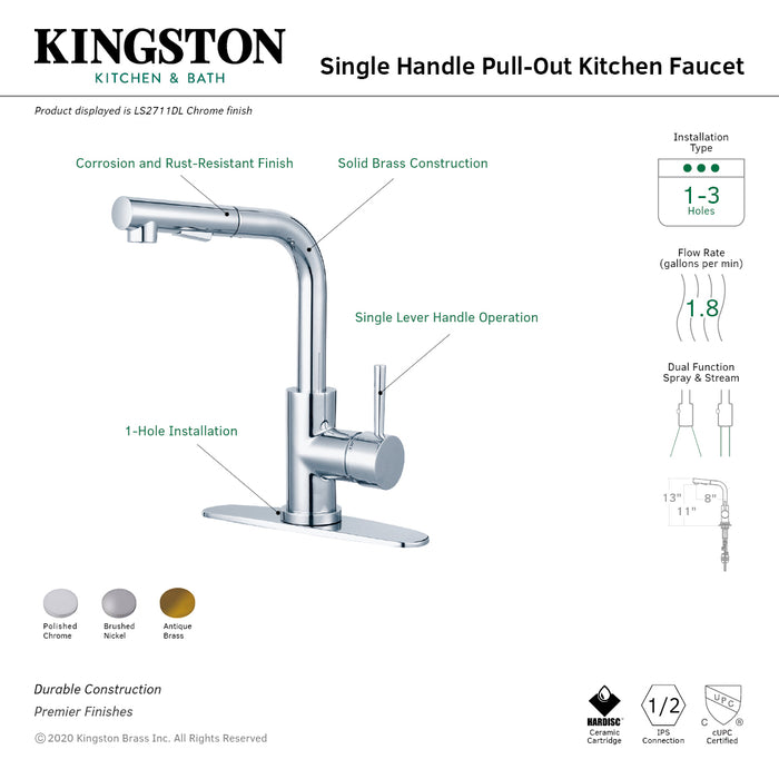 Kingston Sona LS2711DL - Concord Single-Handle 1-Hole Deck Mount Pull-Out Sprayer Kitchen Faucet, Polished Chrome