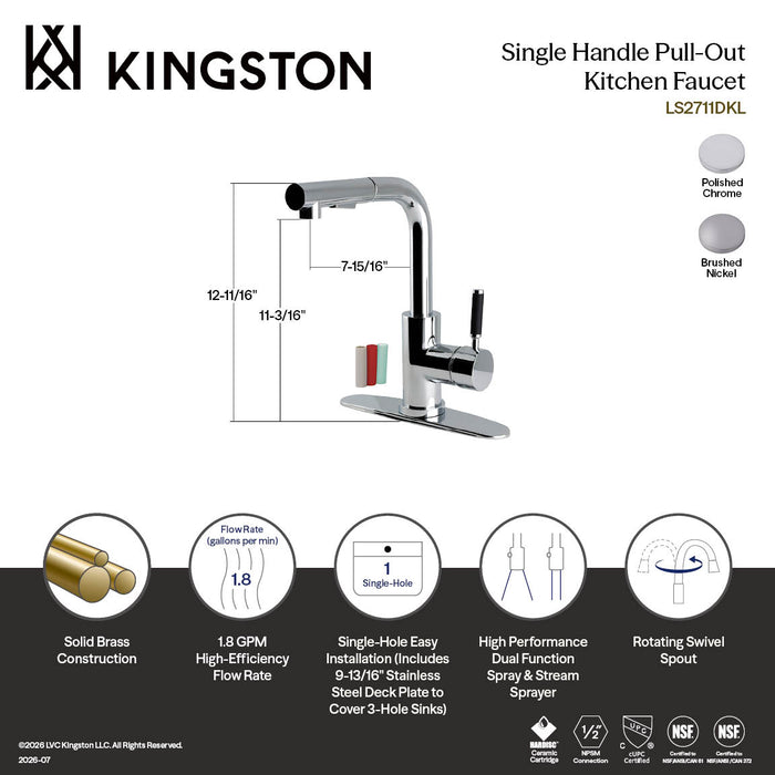 Kingston Kaiser LS2718DKL Single-Handle 1-Hole Deck Mount Pull-Out Sprayer Kitchen Faucet, Brushed Nickel