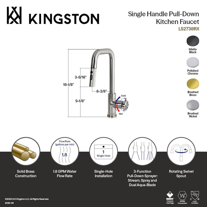 Kingston Belknap LS2730RX Single-Handle Pull-Down Kitchen Faucet, Matte Black