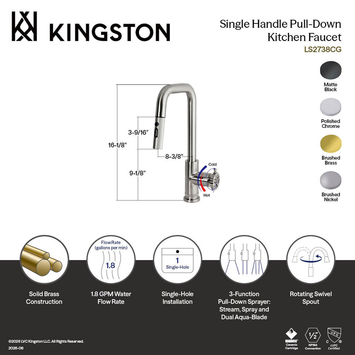 Kingston Fuller LS2738CG Single-Handle Pull-Down Kitchen Faucet, Brushed Nickel
