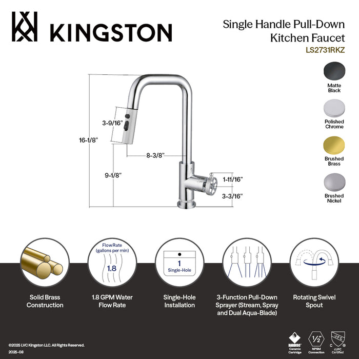 Kingston Wendell LS2738RKZ Single-Handle Pull-Down Kitchen Faucet, Brushed Nickel