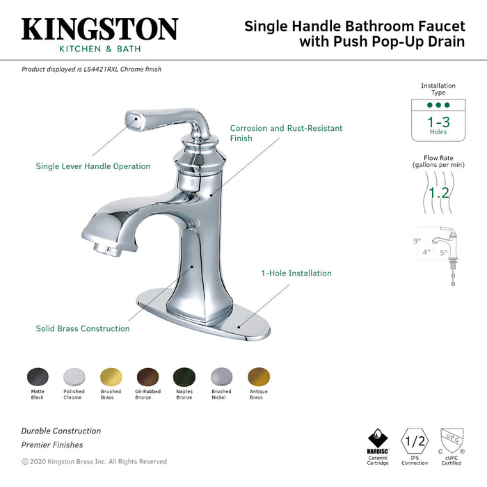 Kingston Tulare LS4423RXL - Restoration One-Handle 1-Hole Bathroom Faucet with Deck Plate and Push Pop-Up Drain, Brushed Brass