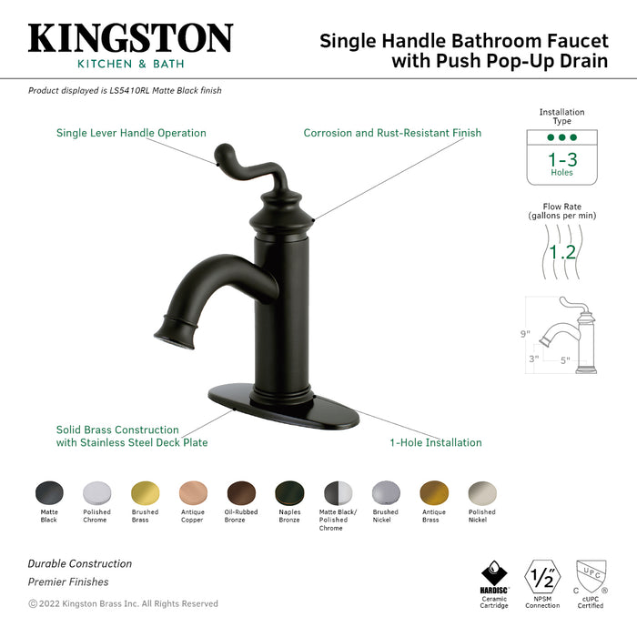 Kingston Heirloom LS5411RL - Royale One-Handle 1-Hole Bathroom Faucet with Deck Plate and Push Pop-Up Drain, Polished Chrome