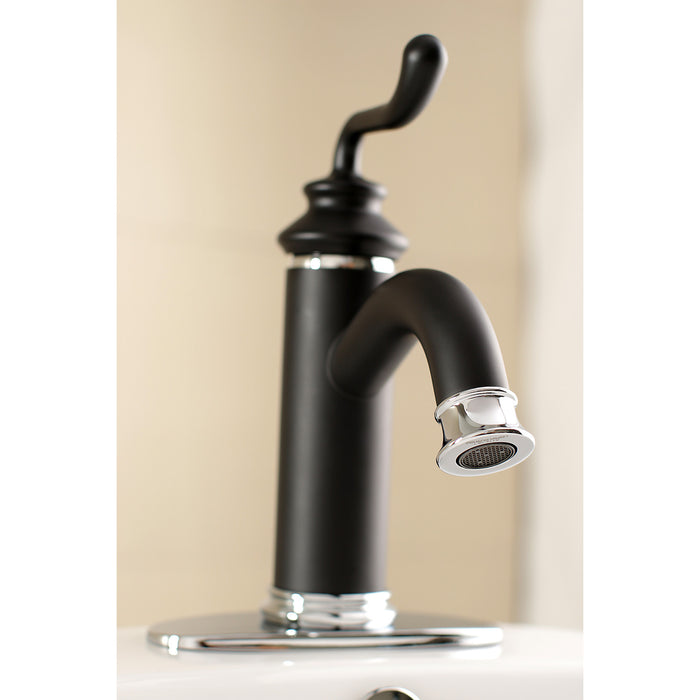 Kingston Heirloom LS5417RL - Royale One-Handle 1-Hole Bathroom Faucet with Deck Plate and Push Pop-Up Drain, Matte Black/Polished Chrome