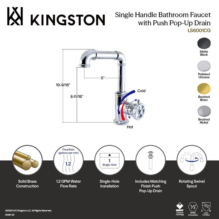 Kingston Fuller LS6000CG One-Handle 1-Hole Bathroom Faucet with Push Pop-Up Drain, Matte Black
