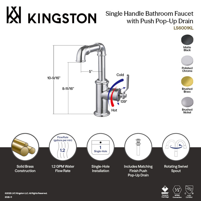 Kingston Sona LS6000KL - Whitaker One-Handle 1-Hole Bathroom Faucet with Push Pop-Up Drain, Matte Black