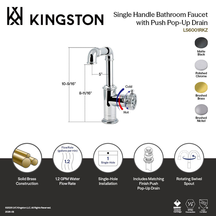 Kingston Wendell LS6003RKZ One-Handle 1-Hole Bathroom Faucet with Knurled Handle and Push Pop-Up Drain, Brushed Brass