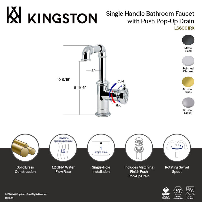 Kingston Belknap LS6003RX One-Handle 1-Hole Bathroom Faucet with Push Pop-Up Drain, Brushed Brass