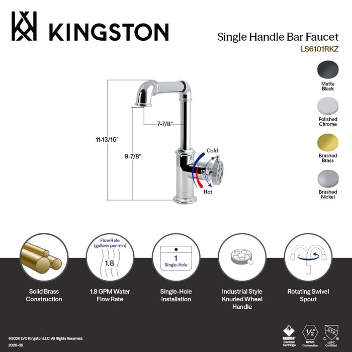 Kingston Wendell LS6108RKZ One-Handle 1-Hole Deck Mount Bar Faucet with Knurled Handle, Brushed Nickel