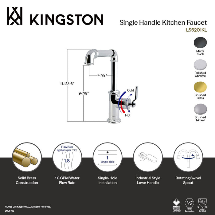 Kingston Whitaker LS6208KL Single-Handle 1-Hole Deck Mount Kitchen Faucet, Brushed Nickel