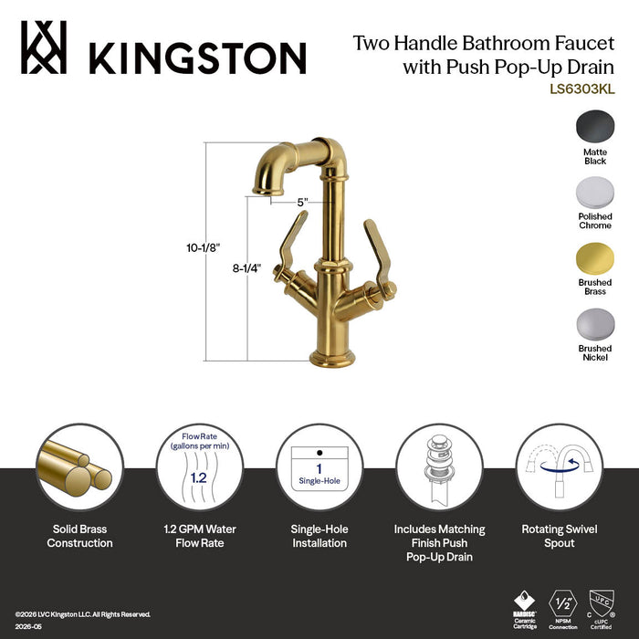 Kingston Whitaker LS6300KL Two-Handle 1-Hole Bathroom Faucet with Push Pop-Up Drain, Matte Black