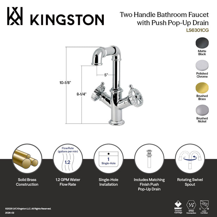 Kingston Fuller LS6303CG Two-Handle 1-Hole Bathroom Faucet with Push Pop-Up Drain, Brushed Brass