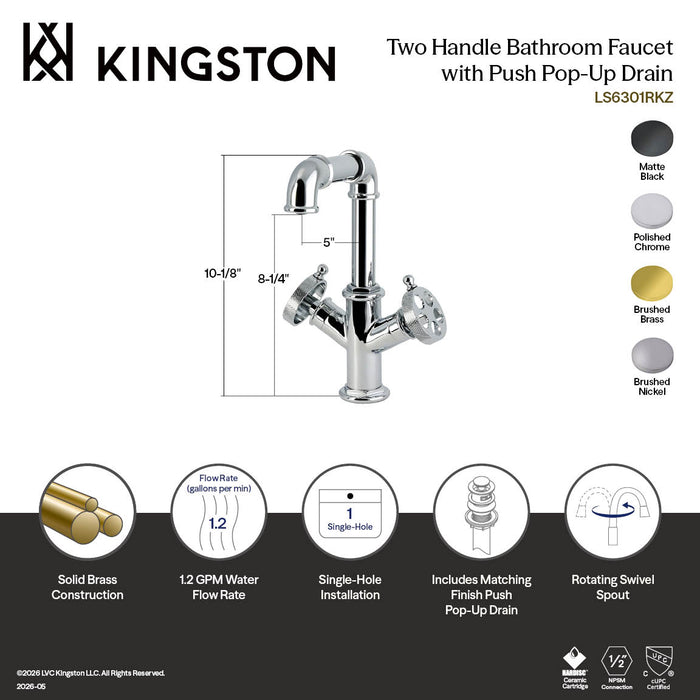 Kingston Wendell LS6303RKZ Two-Handle 1-Hole Bathroom Faucet with Knurled Handle and Push Pop-Up Drain, Brushed Brass