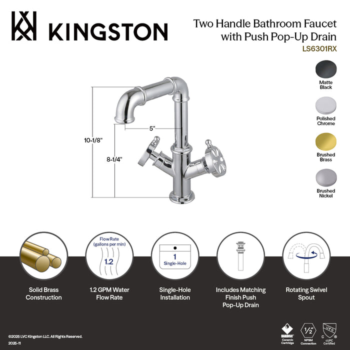 Kingston Sona LS6303RX - Belknap Two-Handle 1-Hole Bathroom Faucet with Push Pop-Up Drain, Brushed Brass