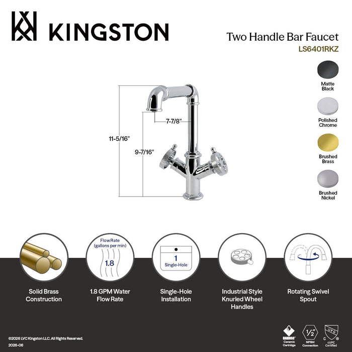 Kingston Wendell LS6401RKZ Two-Handle 1-Hole Deck Mount Bar Faucet with Knurled Handle, Polished Chrome