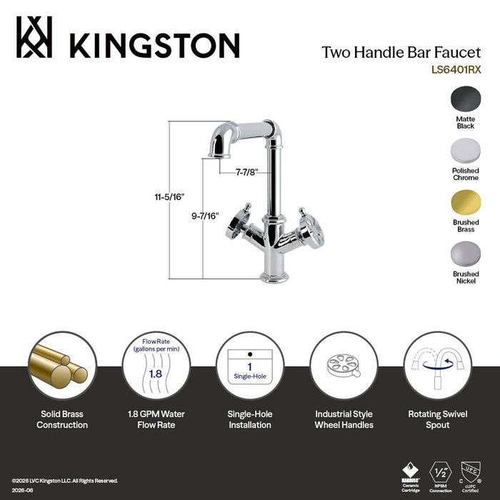 Kingston Belknap LS6401RX Two-Handle 1-Hole Deck Mount Bar Faucet, Polished Chrome