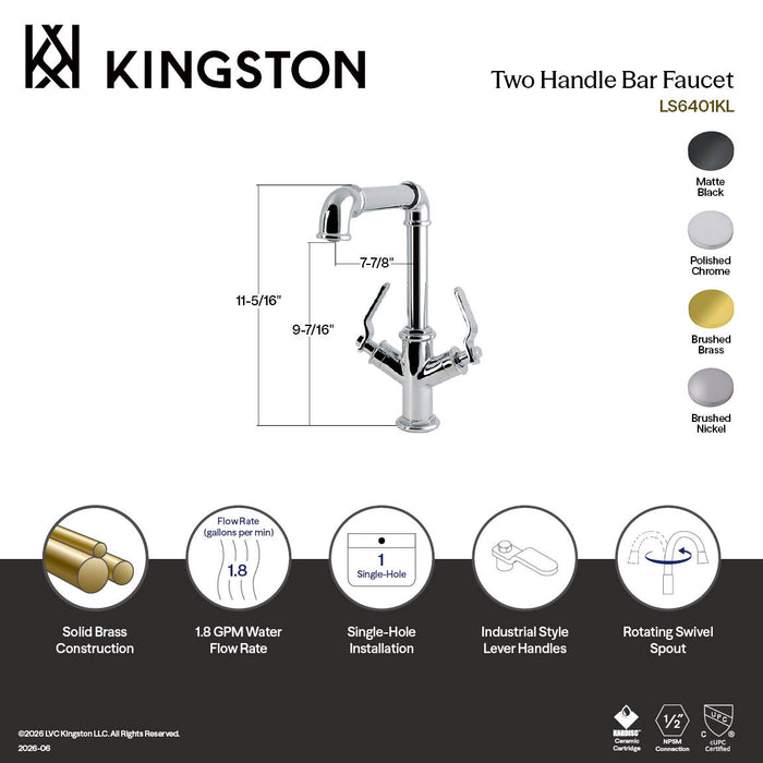 Kingston Whitaker LS6408KL Two-Handle 1-Hole Deck Mount Bar Faucet, Brushed Nickel