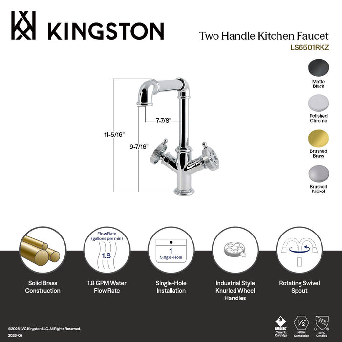 Kingston Wendell LS6501RKZ Two-Handle 1-Hole Kitchen Faucet with Knurled Handle, Polished Chrome