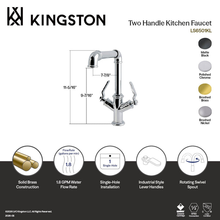 Kingston Whitaker LS6503KL Two-Handle 1-Hole Kitchen Faucet, Brushed Brass