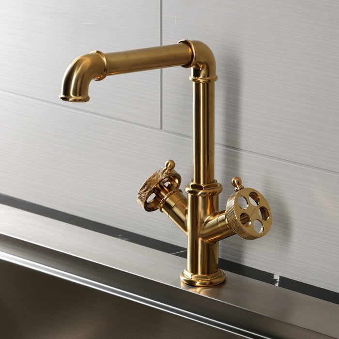 Kingston Wendell LS6503RKZ Two-Handle 1-Hole Kitchen Faucet with Knurled Handle, Brushed Brass