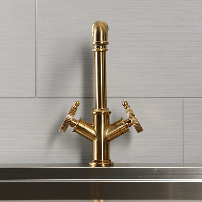 Kingston Wendell LS6503RKZ Two-Handle 1-Hole Kitchen Faucet with Knurled Handle, Brushed Brass