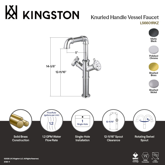 Kingston Sona LS6600RKZ - Wendell Two-Handle 1-Hole Deck Mount Vessel Faucet with Knurled Handle, Matte Black
