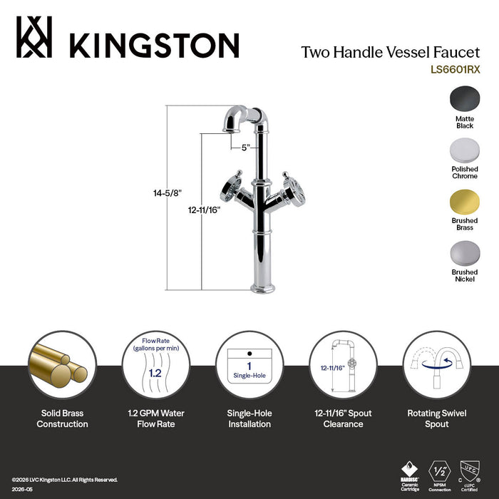 Kingston Belknap LS6601RX Two-Handle 1-Hole Deck Mount Vessel Faucet, Polished Chrome