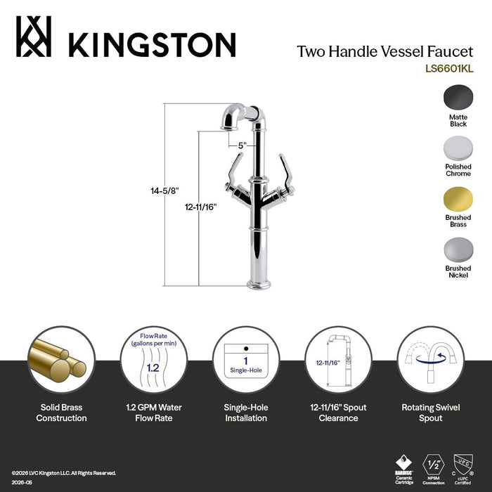 Kingston Whitaker LS6608KL Two-Handle 1-Hole Deck Mount Vessel Faucet, Brushed Nickel