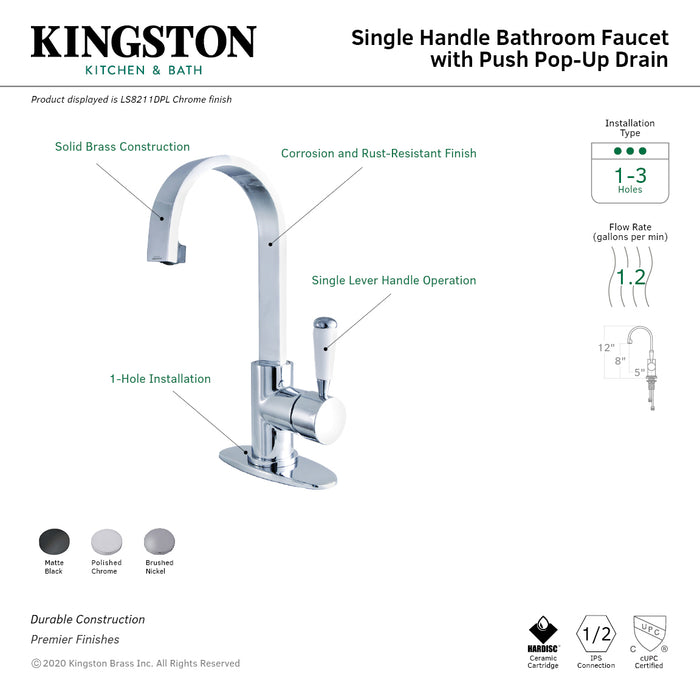 Kingston Tulare LS8211DPL - Paris One-Handle 1-Hole Bathroom Faucet with Deck Plate and Push Pop-Up Drain, Polished Chrome