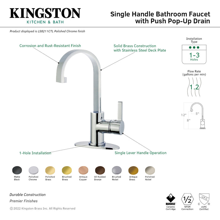 Kingston Sona LS8218CTL - Continental One-Handle 1-Hole Bathroom Faucet with Deck Plate and Push Pop-Up Drain, Brushed Nickel