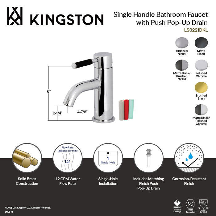 Kingston Sona LS8227DKL - Kaiser One-Handle 1-Hole Bathroom Faucet with Push Pop-Up Drain, Matte Black/Polished Chrome