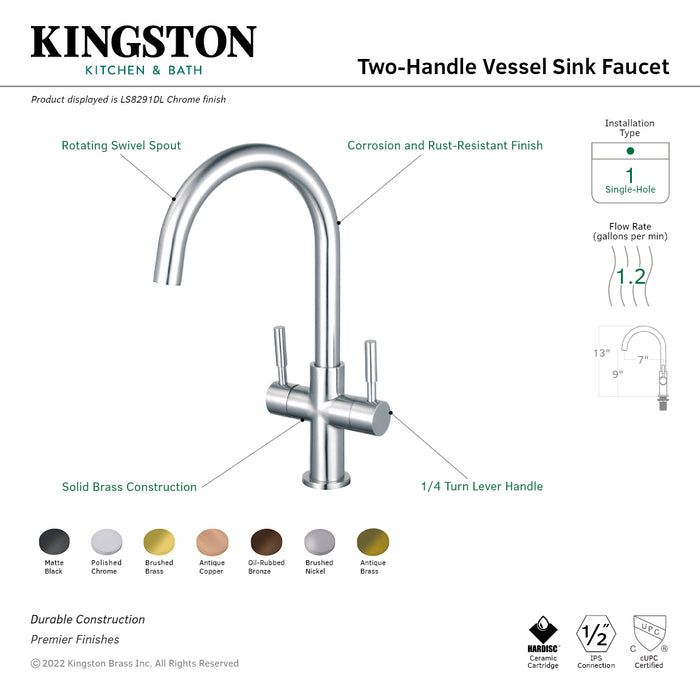 Kingston Sona LS8291DL - Concord Two-Handle 1-Hole Deck Mount Vessel Faucet, Polished Chrome