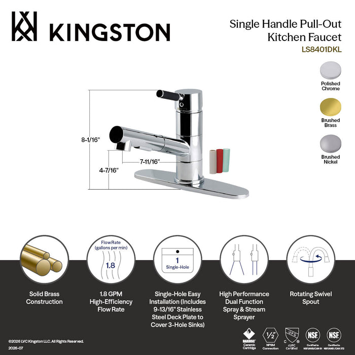 Kingston Kaiser LS8401DKL Single-Handle 1-Hole Deck Mount Pull-Out Sprayer Kitchen Faucet, Polished Chrome