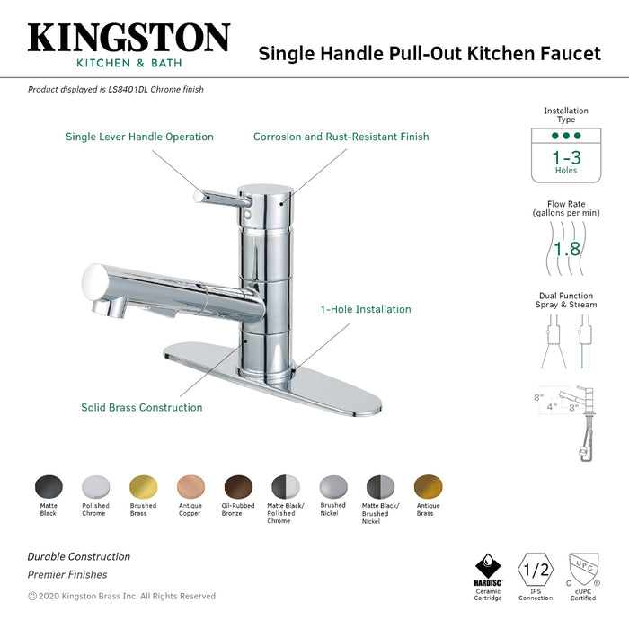 Kingston Sona LS8401DL - Concord Single-Handle 1-Hole Deck Mount Pull-Out Sprayer Kitchen Faucet, Polished Chrome