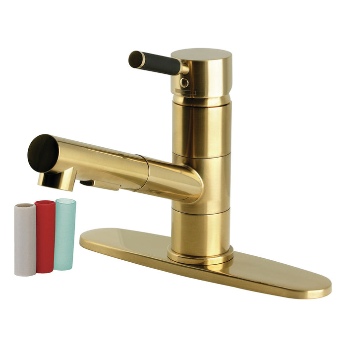 Kingston Kaiser LS8403DKL Single-Handle 1-Hole Deck Mount Pull-Out Sprayer Kitchen Faucet, Brushed Brass