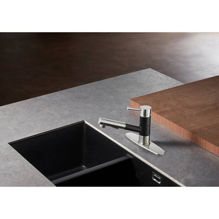 Kingston Sona LS8409DL - Concord Single-Handle 1-Hole Deck Mount Pull-Out Sprayer Kitchen Faucet, Matte Black/Brushed Nickel