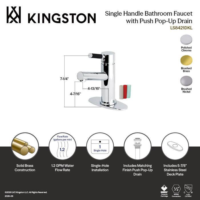 Kingston Kaiser LS8421DKL One-Handle 1-Hole Bathroom Faucet with Deck Plate and Push Pop-Up Drain, Polished Chrome