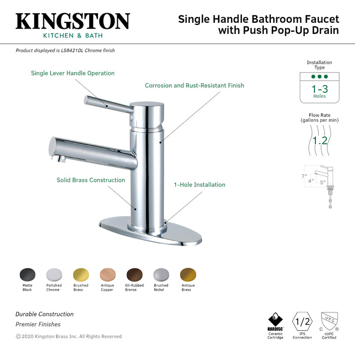 Kingston Sona LS8423DL - Concord One-Handle 1-Hole Bathroom Faucet with Deck Plate and Push Pop-Up Drain, Brushed Brass