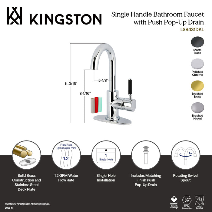 Kingston Sona LS8430DKL - Kaiser One-Handle 1-Hole Bathroom Faucet with Deck Plate and Push Pop-Up Drain, Matte Black