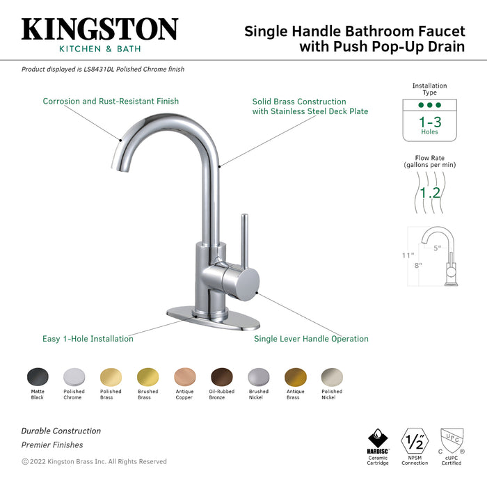 Concord LS8433DL One-Handle 1-Hole Bathroom Faucet with Deck Plate and Push Pop-Up Drain, Brushed Brass