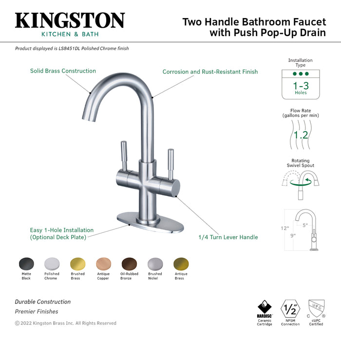 Kingston Sona LS8450DL - Concord Two-Handle 1-Hole Bathroom Faucet with Deck Plate and Push Pop-Up Drain, Matte Black